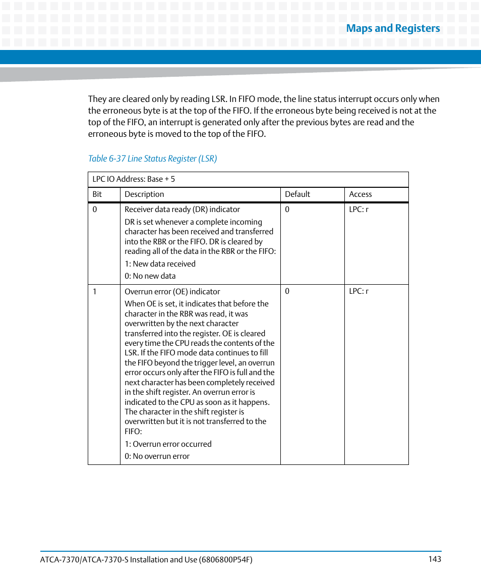 Table 6-37, Line status register (lsr), Maps and registers | Artesyn ATCA 7370 / ATCA 7370-S Installation and Use (June 2014) User Manual | Page 143 / 254