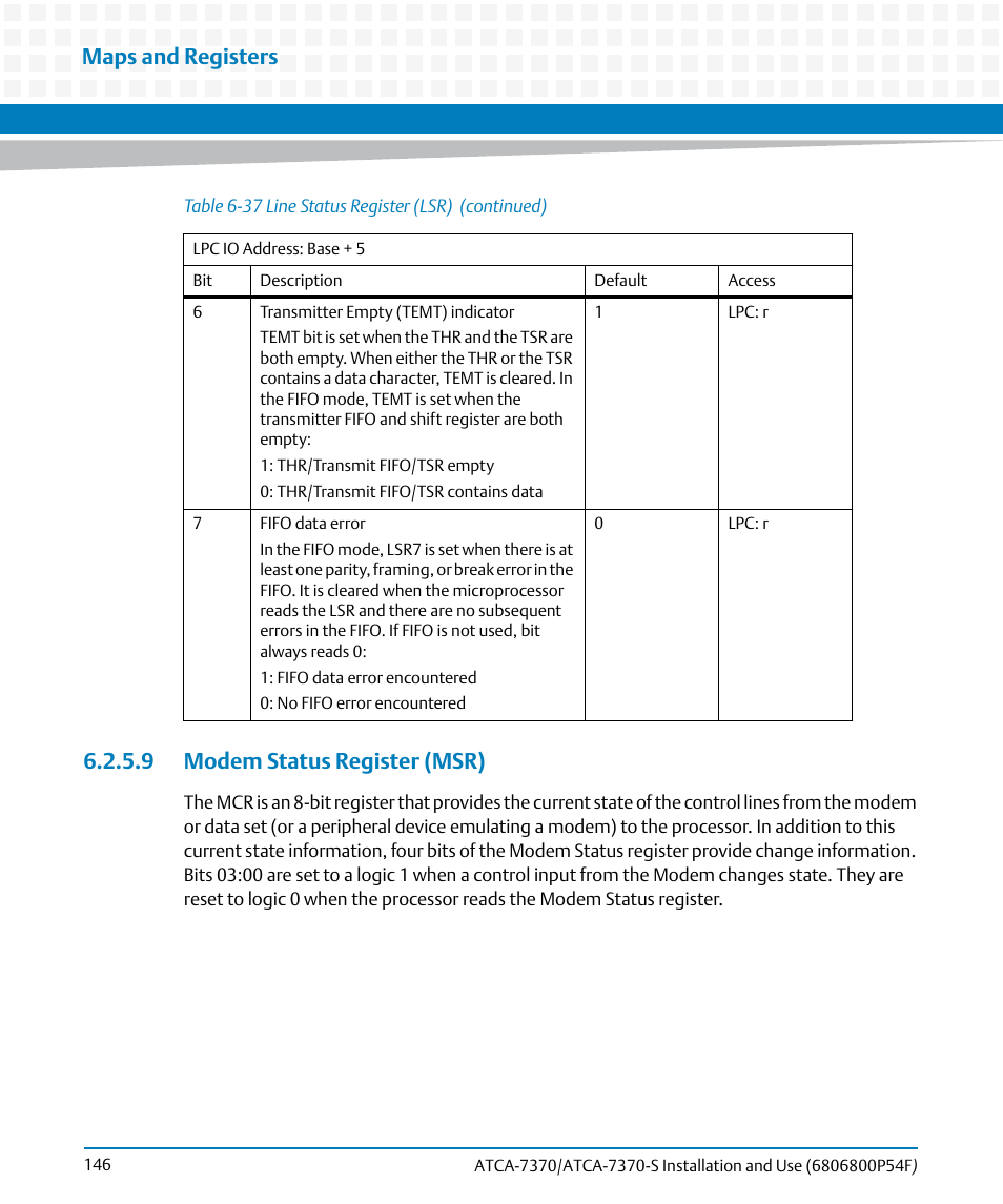 9 modem status register (msr), Maps and registers | Artesyn ATCA 7370 / ATCA 7370-S Installation and Use (June 2014) User Manual | Page 146 / 254