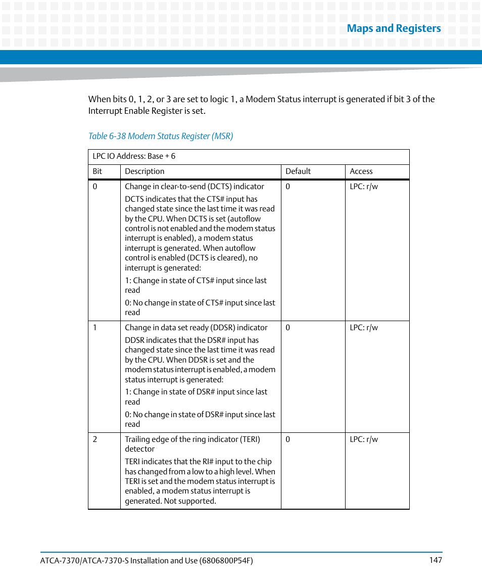 Table 6-38, Modem status register (msr), Maps and registers | Artesyn ATCA 7370 / ATCA 7370-S Installation and Use (June 2014) User Manual | Page 147 / 254