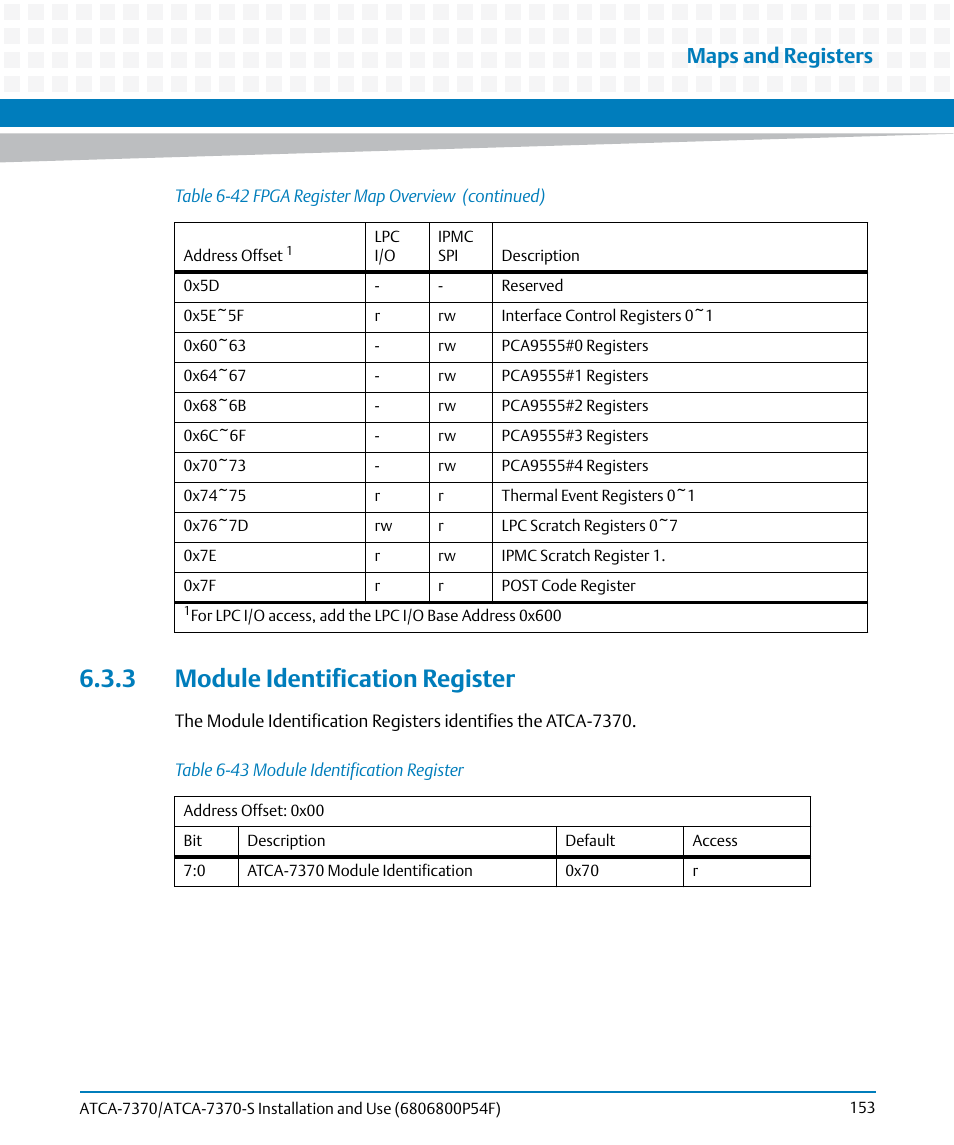 3 module identification register, Table 6-43, Module identification register | Maps and registers | Artesyn ATCA 7370 / ATCA 7370-S Installation and Use (June 2014) User Manual | Page 153 / 254