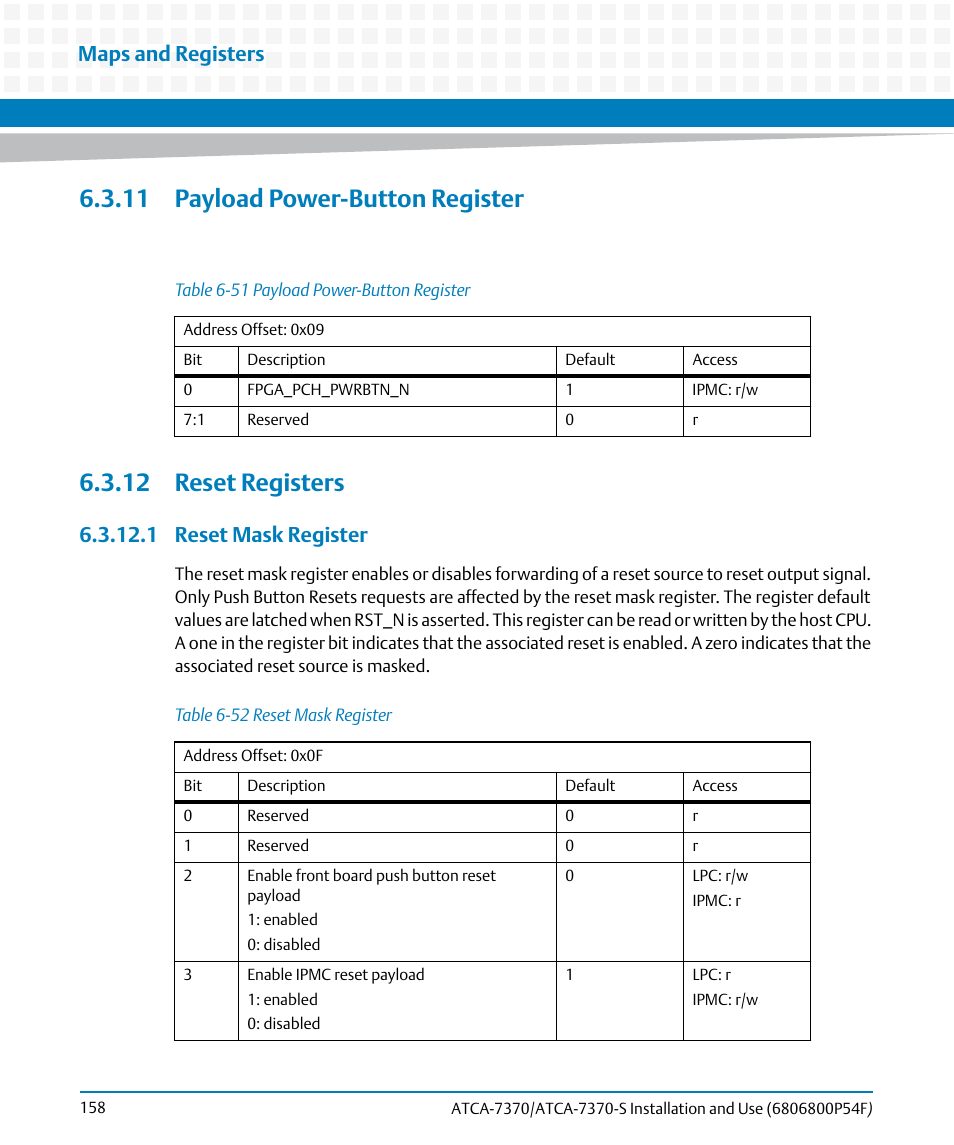11 payload power-button register, 12 reset registers, 1 reset mask register | Table 6-51, Payload power-button register, Table 6-52, Reset mask register, Maps and registers | Artesyn ATCA 7370 / ATCA 7370-S Installation and Use (June 2014) User Manual | Page 158 / 254