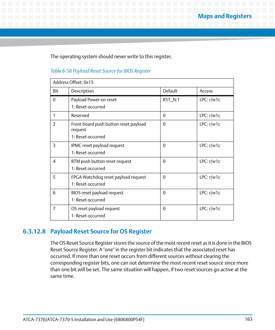 8 payload reset source for os register, Table 6-58, Payload reset source for bios register | Maps and registers | Artesyn ATCA 7370 / ATCA 7370-S Installation and Use (June 2014) User Manual | Page 163 / 254