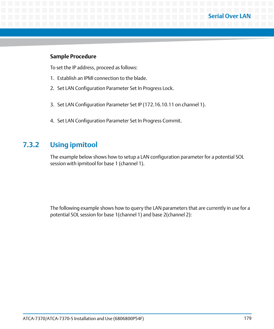 2 using ipmitool | Artesyn ATCA 7370 / ATCA 7370-S Installation and Use (June 2014) User Manual | Page 179 / 254