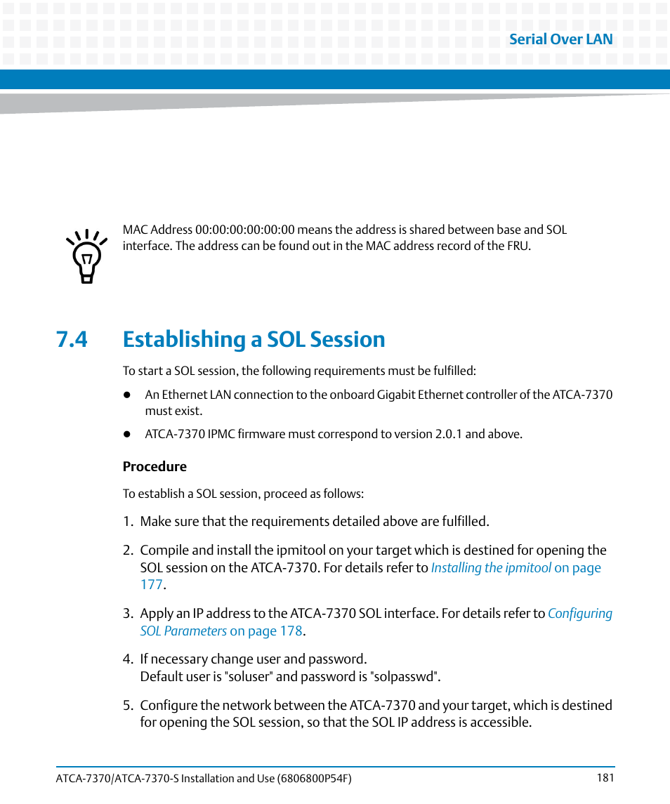 4 establishing a sol session | Artesyn ATCA 7370 / ATCA 7370-S Installation and Use (June 2014) User Manual | Page 181 / 254