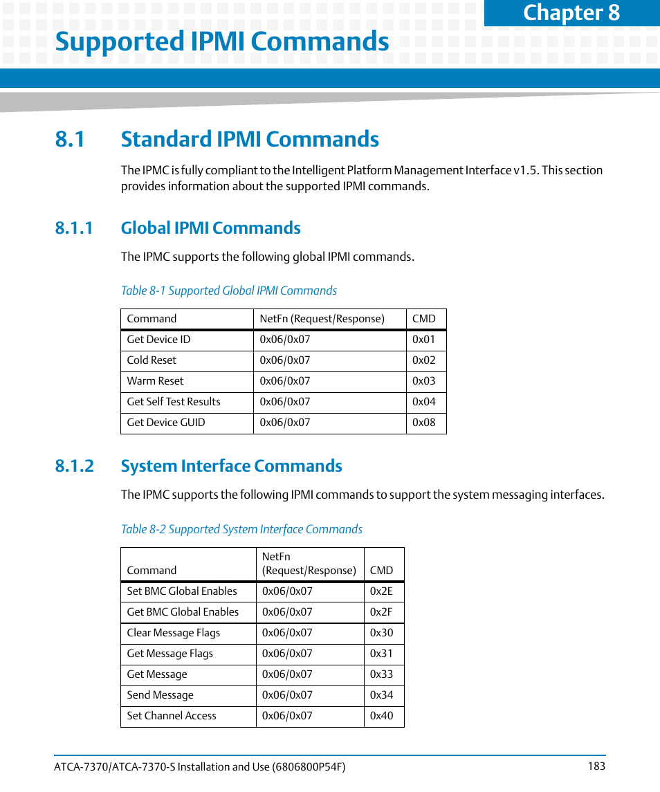 Supported ipmi commands, 1 standard ipmi commands, 1 global ipmi commands | 2 system interface commands, Table 8-1, Supported global ipmi commands, Table 8-2, Supported system interface commands, Chapter 8 | Artesyn ATCA 7370 / ATCA 7370-S Installation and Use (June 2014) User Manual | Page 183 / 254