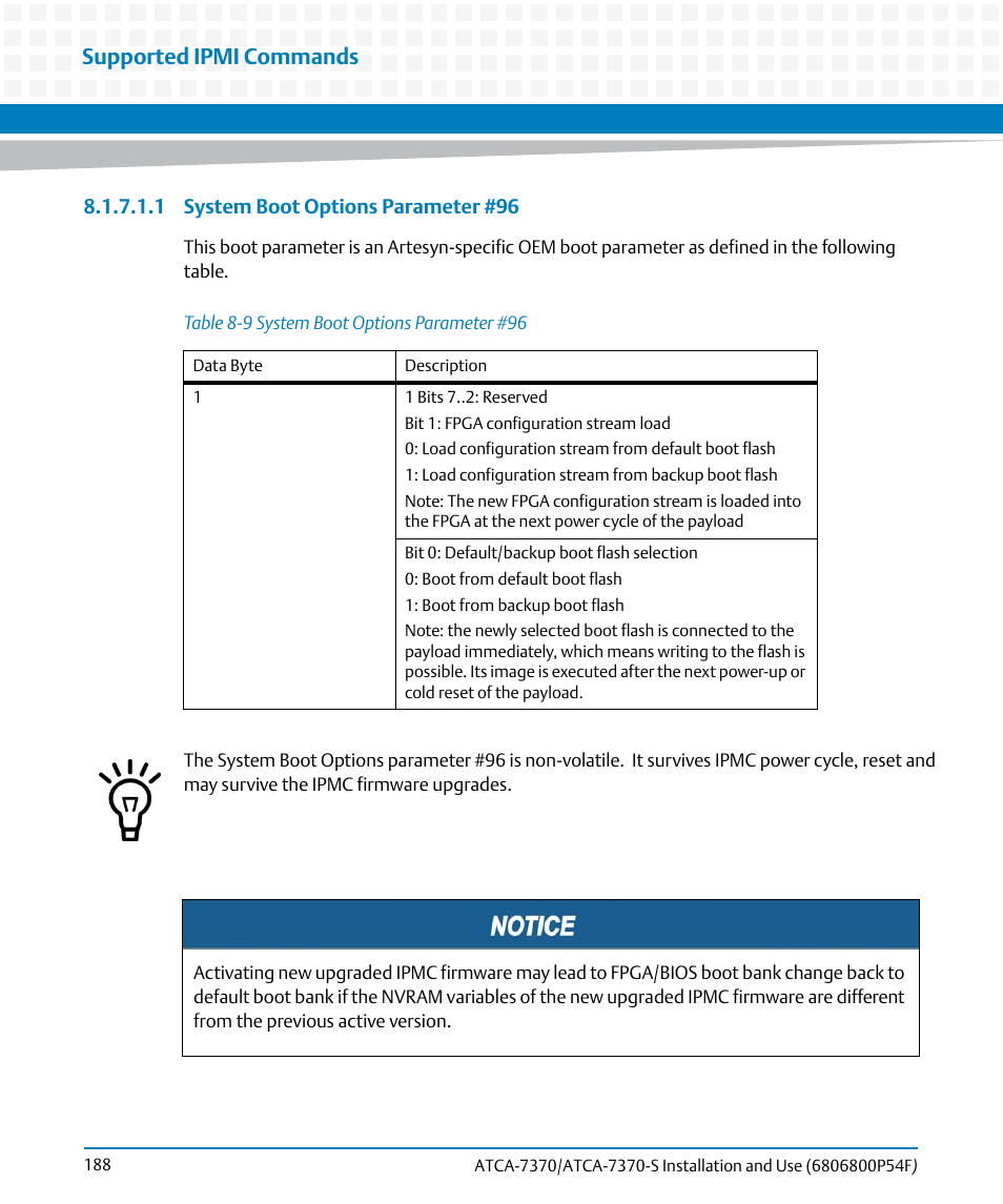 Table 8-9, System boot options parameter #96, Supported ipmi commands | Artesyn ATCA 7370 / ATCA 7370-S Installation and Use (June 2014) User Manual | Page 188 / 254