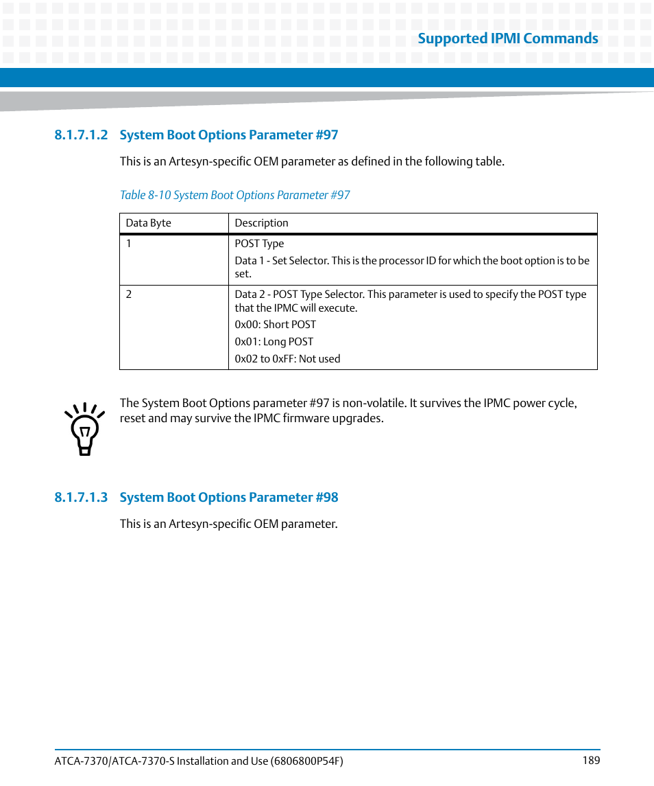 Table 8-10, System boot options parameter #97, Supported ipmi commands | Artesyn ATCA 7370 / ATCA 7370-S Installation and Use (June 2014) User Manual | Page 189 / 254