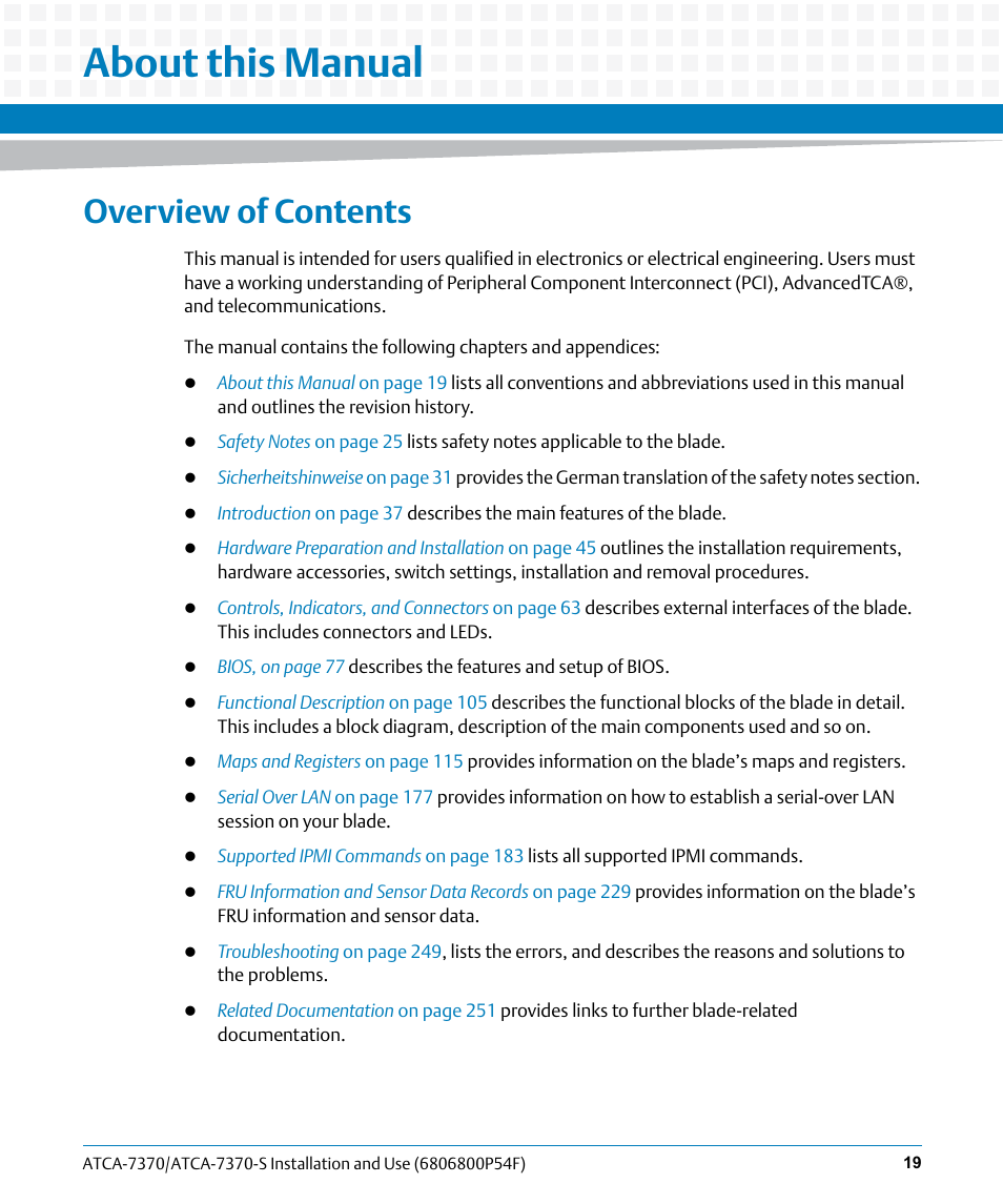 About this manual, Overview of contents | Artesyn ATCA 7370 / ATCA 7370-S Installation and Use (June 2014) User Manual | Page 19 / 254
