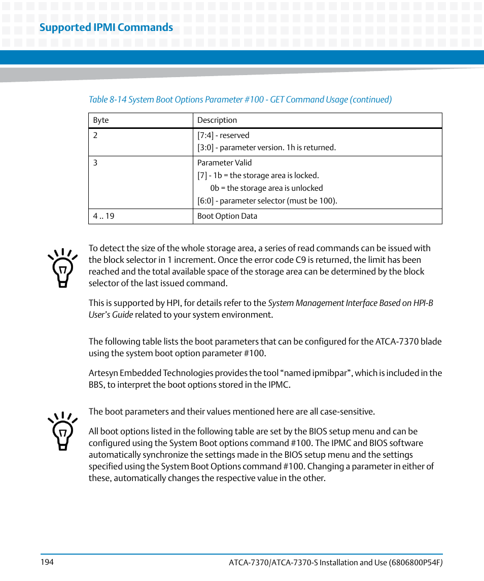 Supported ipmi commands | Artesyn ATCA 7370 / ATCA 7370-S Installation and Use (June 2014) User Manual | Page 194 / 254