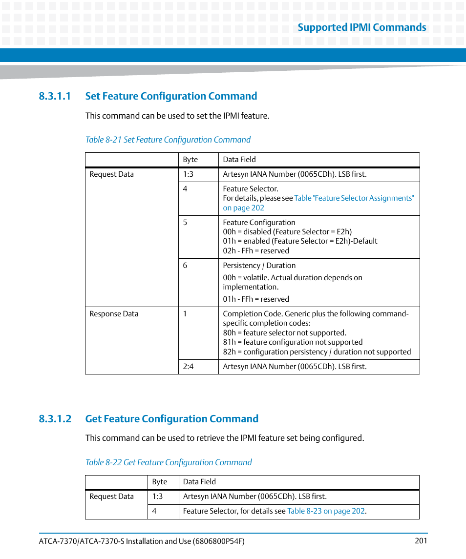 1 set feature configuration command, 2 get feature configuration command, Table 8-21 | Set feature configuration command, Table 8-22, Get feature configuration command, Supported ipmi commands | Artesyn ATCA 7370 / ATCA 7370-S Installation and Use (June 2014) User Manual | Page 201 / 254