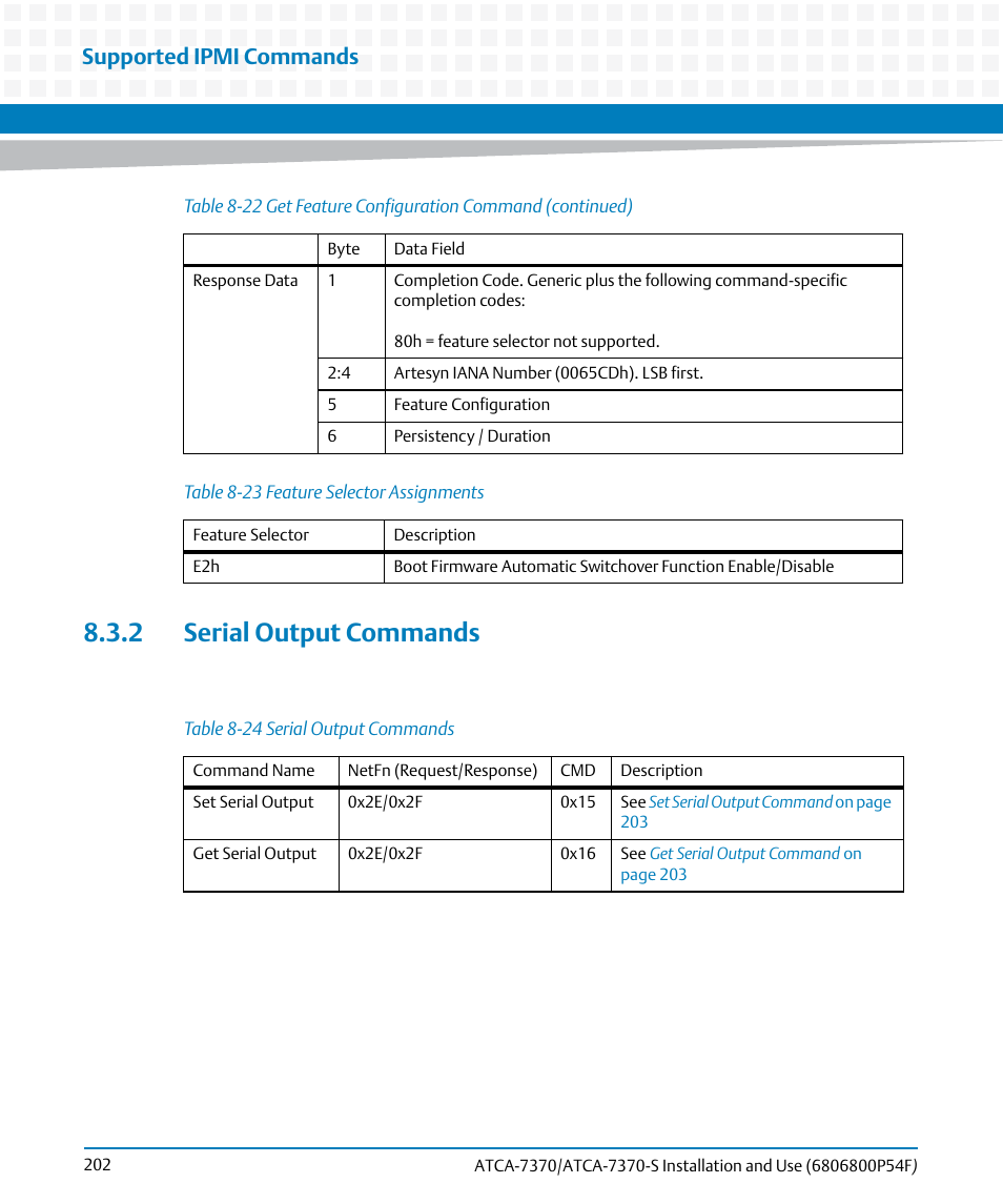 2 serial output commands, Table 8-23, Feature selector assignments | Table 8-24, Serial output commands, Supported ipmi commands | Artesyn ATCA 7370 / ATCA 7370-S Installation and Use (June 2014) User Manual | Page 202 / 254