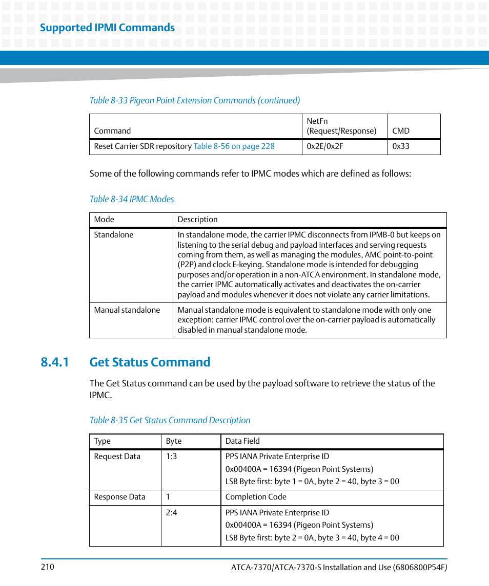 1 get status command, Table 8-34, Ipmc modes | Table 8-35, Get status command description, Supported ipmi commands | Artesyn ATCA 7370 / ATCA 7370-S Installation and Use (June 2014) User Manual | Page 210 / 254