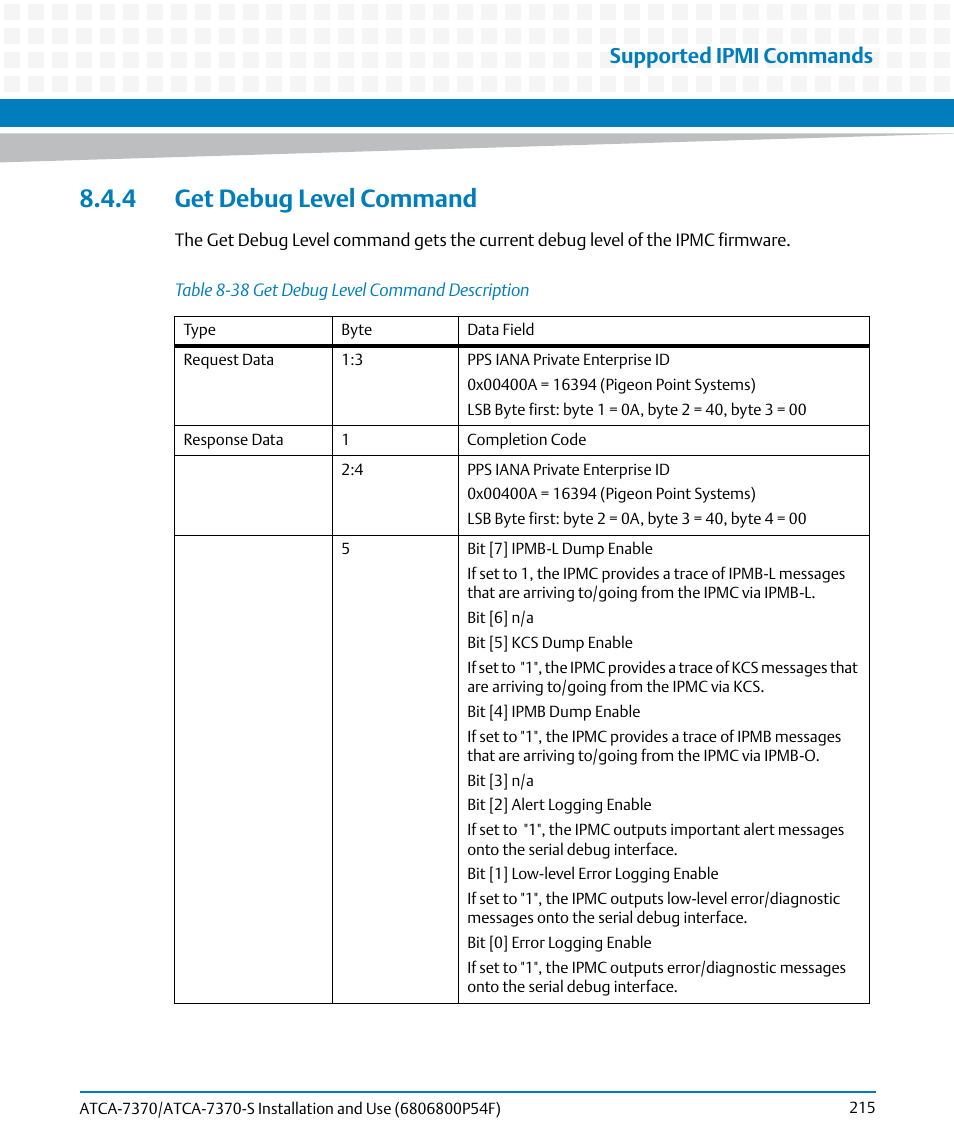 4 get debug level command, Table 8-38, Get debug level command description | Supported ipmi commands | Artesyn ATCA 7370 / ATCA 7370-S Installation and Use (June 2014) User Manual | Page 215 / 254