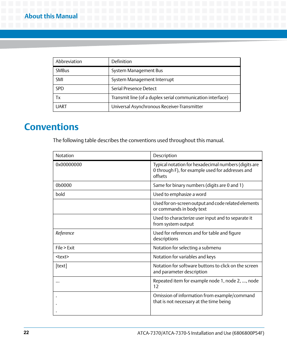 Conventions, About this manual | Artesyn ATCA 7370 / ATCA 7370-S Installation and Use (June 2014) User Manual | Page 22 / 254