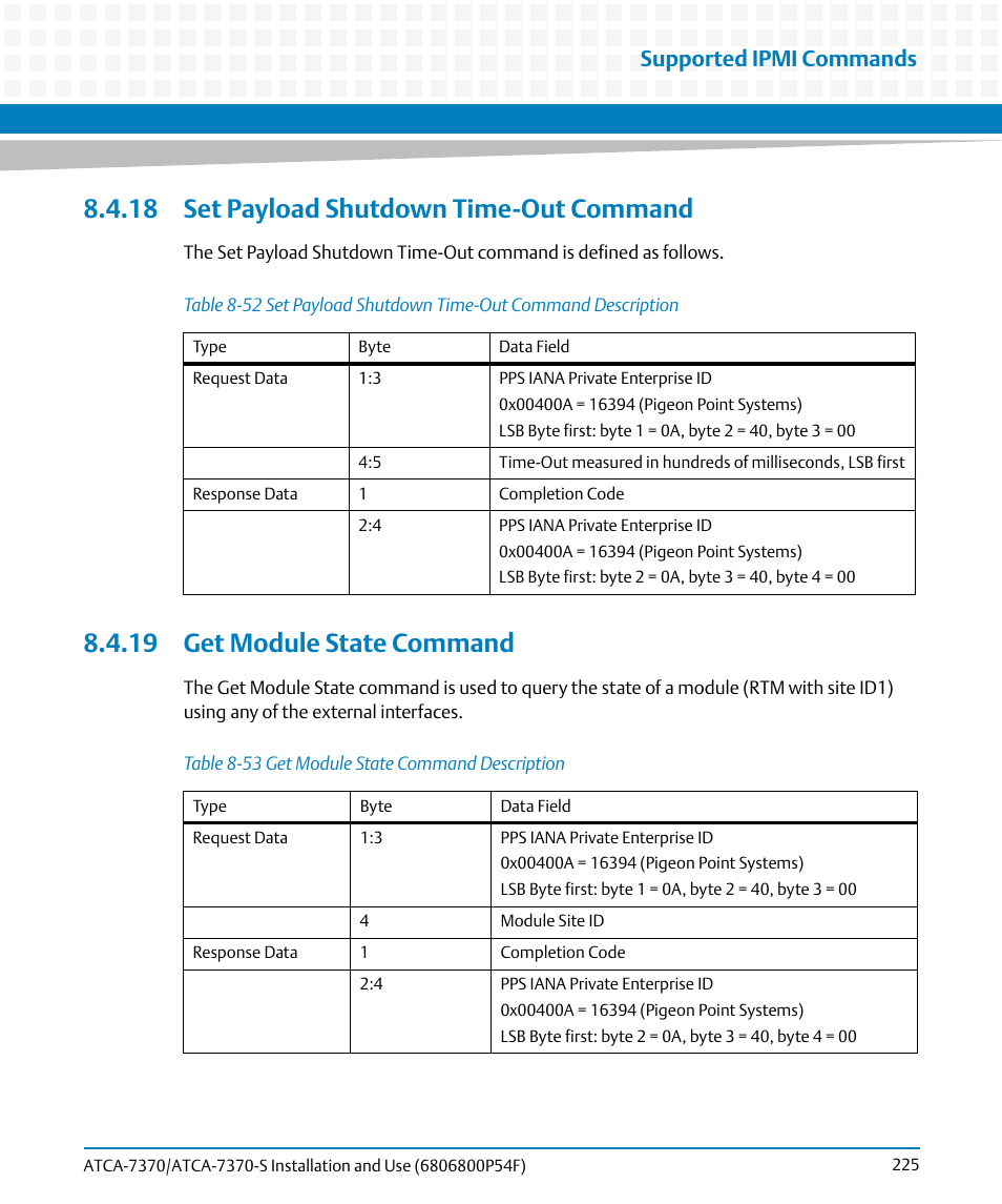 18 set payload shutdown time-out command, 19 get module state command, Table 8-52 | Set payload shutdown time-out command description, Table 8-53, Get module state command description, Ime-out, Supported ipmi commands | Artesyn ATCA 7370 / ATCA 7370-S Installation and Use (June 2014) User Manual | Page 225 / 254