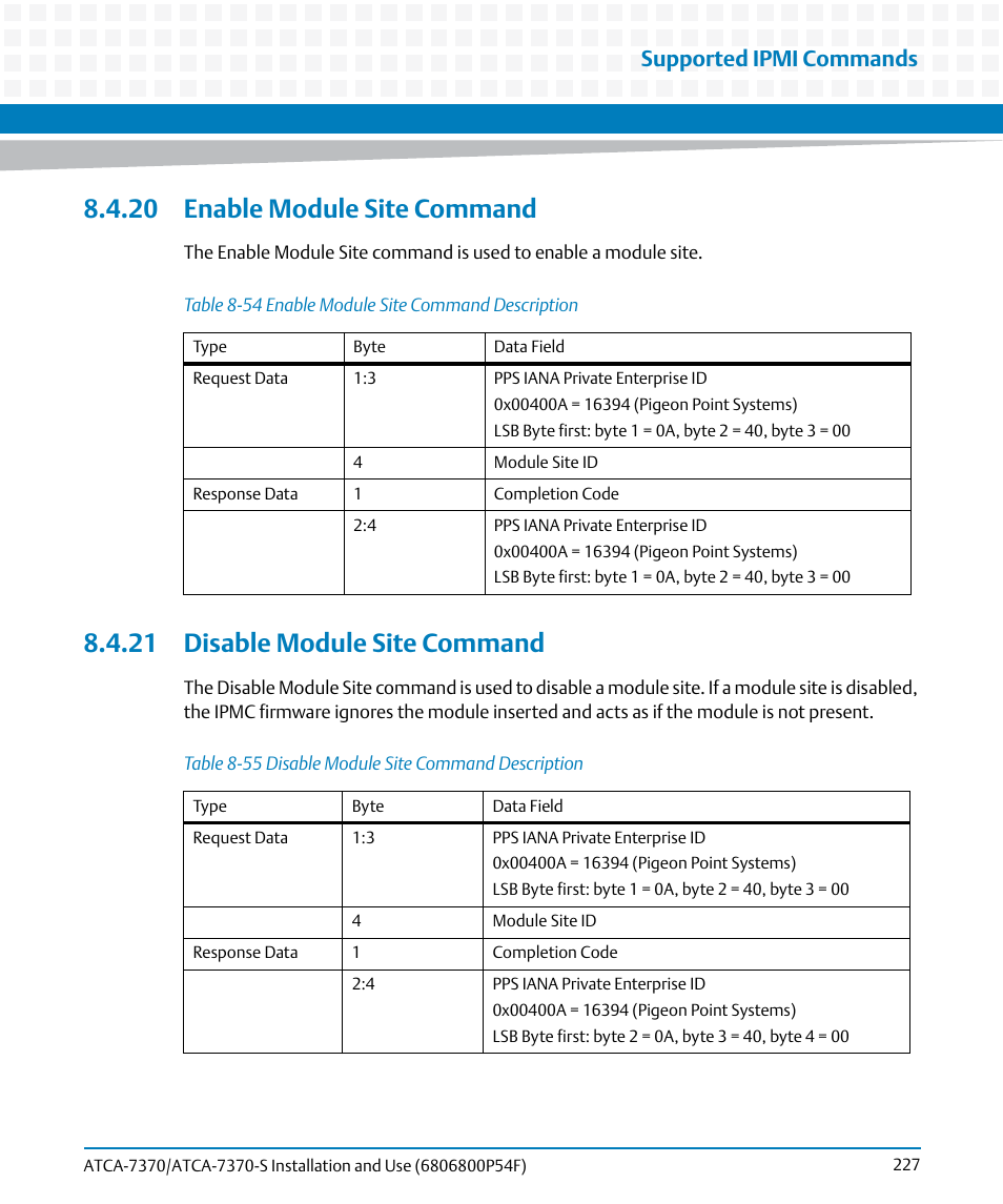 20 enable module site command, 21 disable module site command, Table 8-54 | Enable module site command description, Table 8-55, Disable module site command description, Supported ipmi commands | Artesyn ATCA 7370 / ATCA 7370-S Installation and Use (June 2014) User Manual | Page 227 / 254