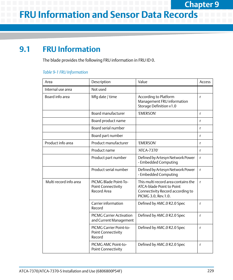 Fru information and sensor data records, 1 fru information, Table 9-1 | Fru information, Figure, Chapter 9 | Artesyn ATCA 7370 / ATCA 7370-S Installation and Use (June 2014) User Manual | Page 229 / 254