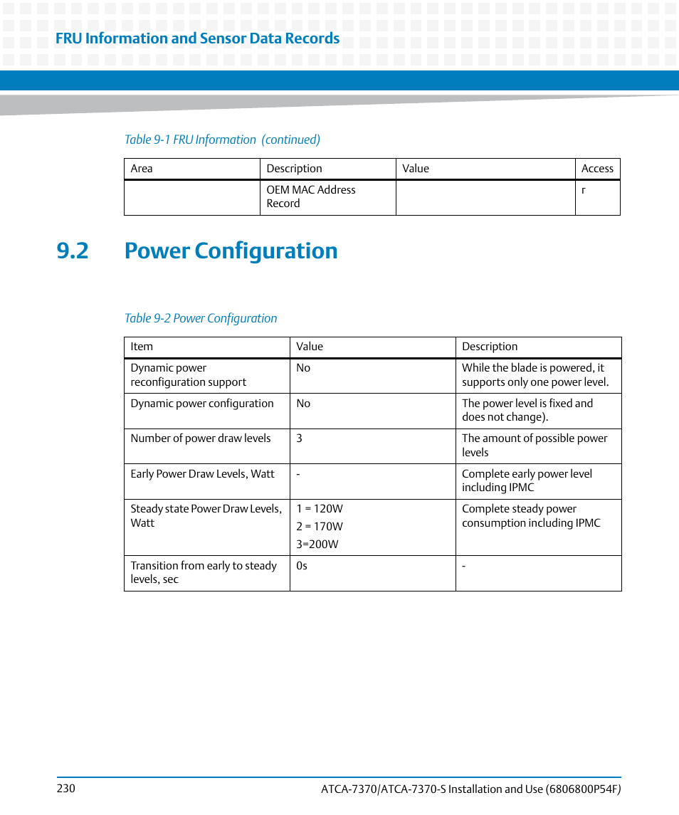 2 power configuration, Table 9-2, Power configuration | Fru information and sensor data records | Artesyn ATCA 7370 / ATCA 7370-S Installation and Use (June 2014) User Manual | Page 230 / 254