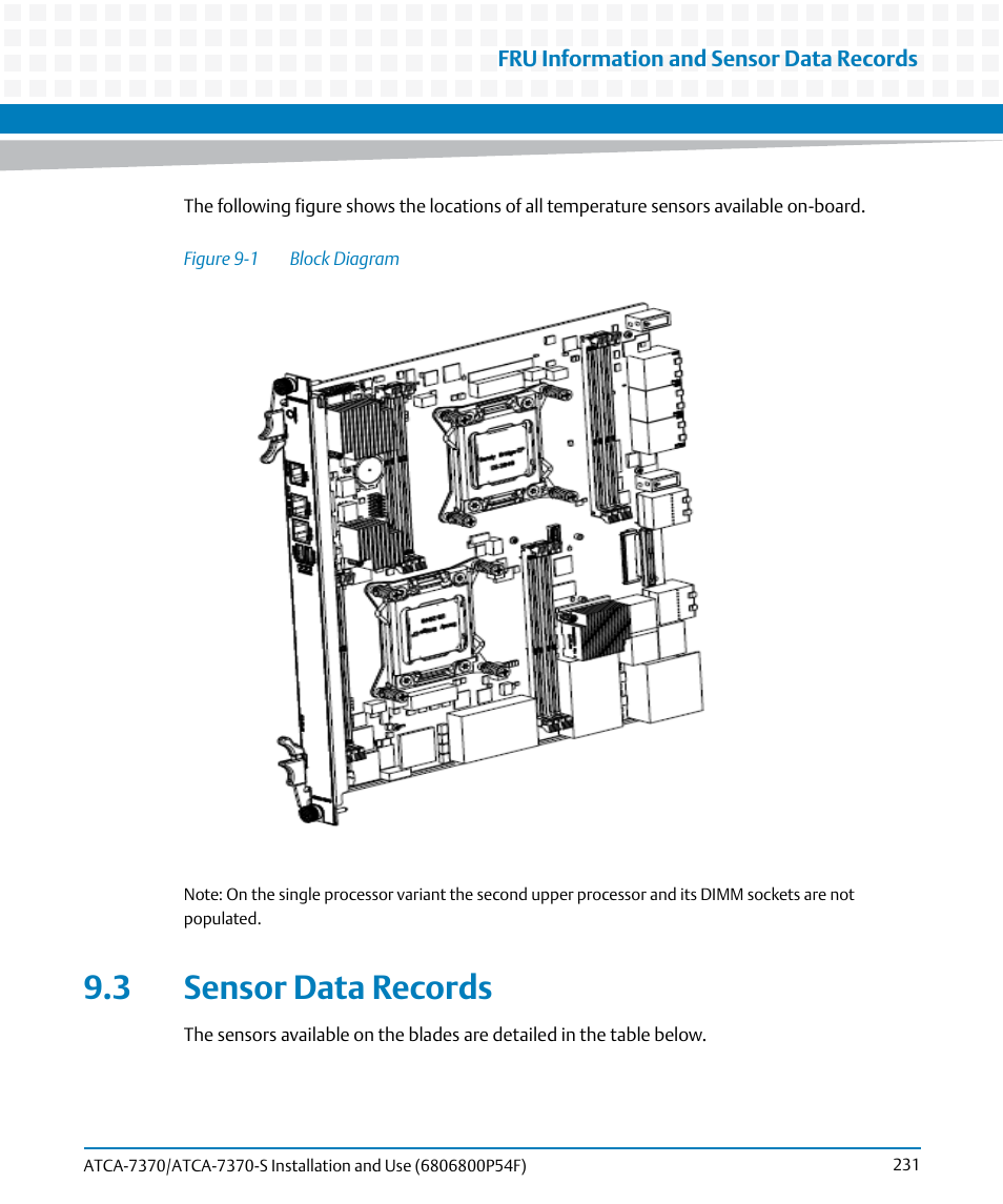 3 sensor data records, Figure 9-1, Block diagram | Artesyn ATCA 7370 / ATCA 7370-S Installation and Use (June 2014) User Manual | Page 231 / 254