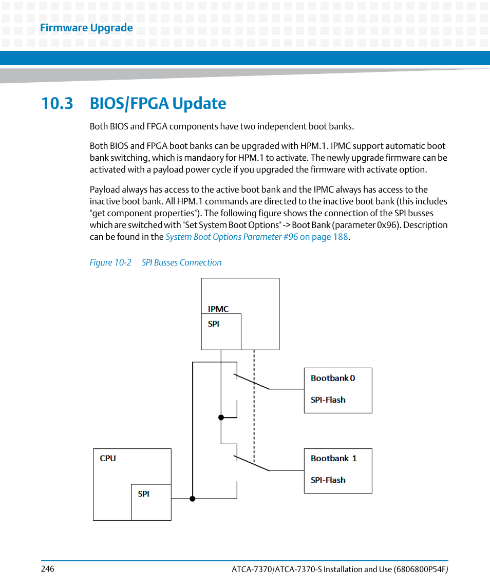 3 bios/fpga update, Figure 10-2, Spi busses connection | Artesyn ATCA 7370 / ATCA 7370-S Installation and Use (June 2014) User Manual | Page 246 / 254