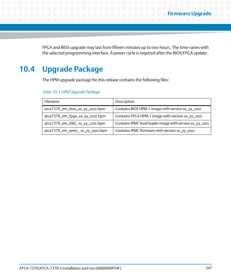 4 upgrade package, Table 10-1, Hpm upgrade package | Firmware upgrade | Artesyn ATCA 7370 / ATCA 7370-S Installation and Use (June 2014) User Manual | Page 247 / 254