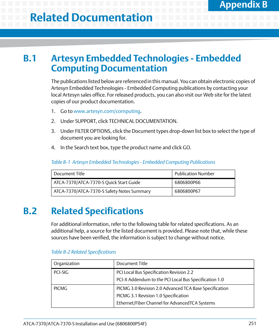 B related documentation, B.2 related specifications, Related documentation | Table b-1, Table b-2, Related specifications, Appendix b | Artesyn ATCA 7370 / ATCA 7370-S Installation and Use (June 2014) User Manual | Page 251 / 254