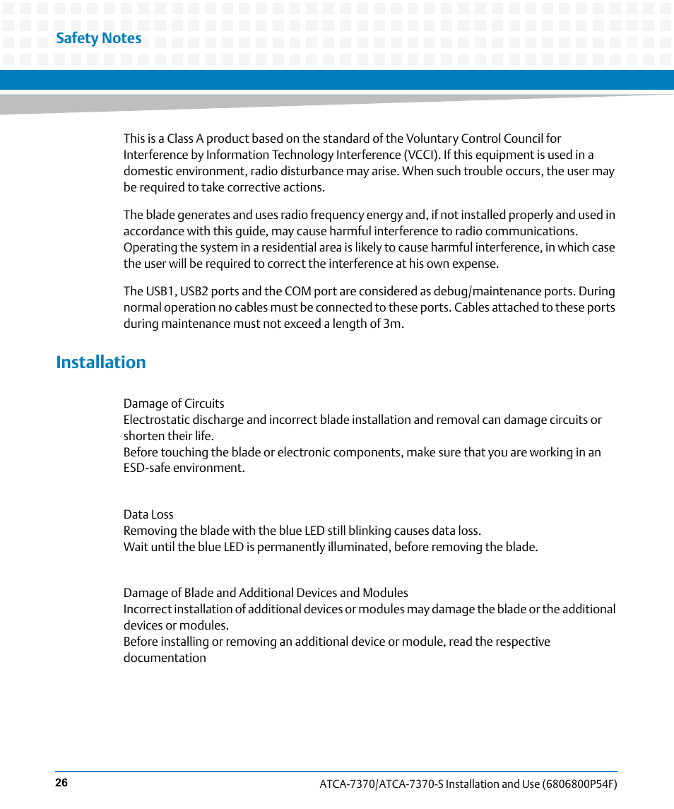 Installation | Artesyn ATCA 7370 / ATCA 7370-S Installation and Use (June 2014) User Manual | Page 26 / 254