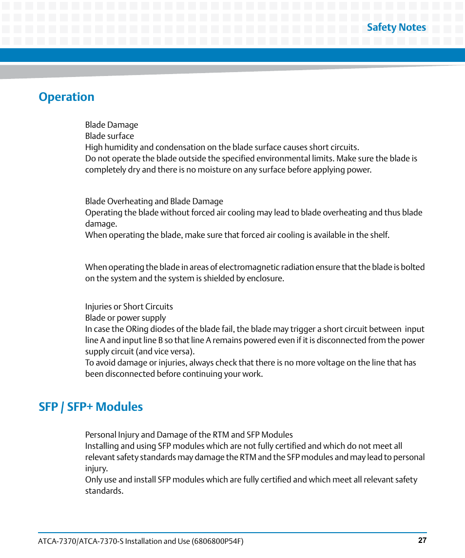 Operation, Sfp / sfp+ modules | Artesyn ATCA 7370 / ATCA 7370-S Installation and Use (June 2014) User Manual | Page 27 / 254