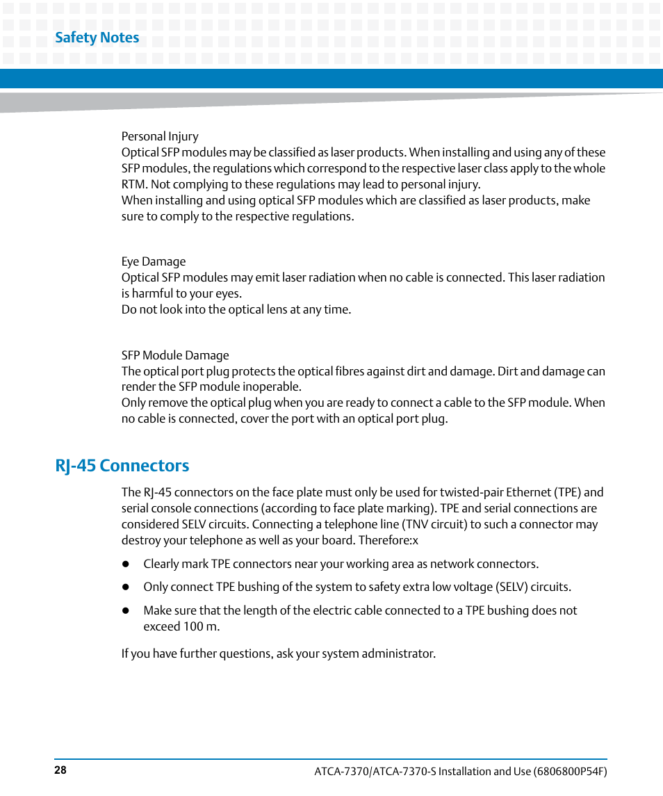 Rj-45 connectors | Artesyn ATCA 7370 / ATCA 7370-S Installation and Use (June 2014) User Manual | Page 28 / 254