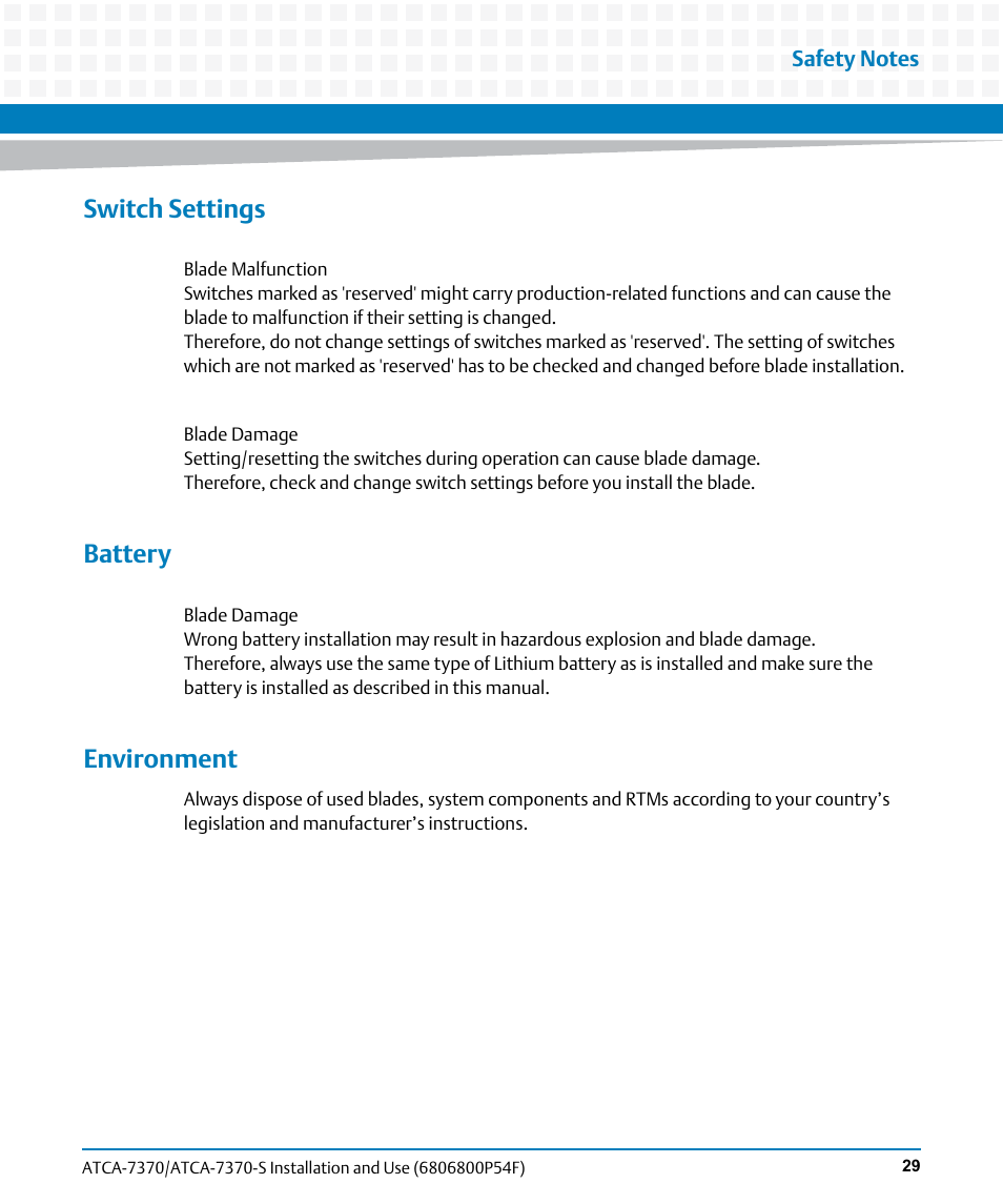 Switch settings, Battery, Environment | Artesyn ATCA 7370 / ATCA 7370-S Installation and Use (June 2014) User Manual | Page 29 / 254