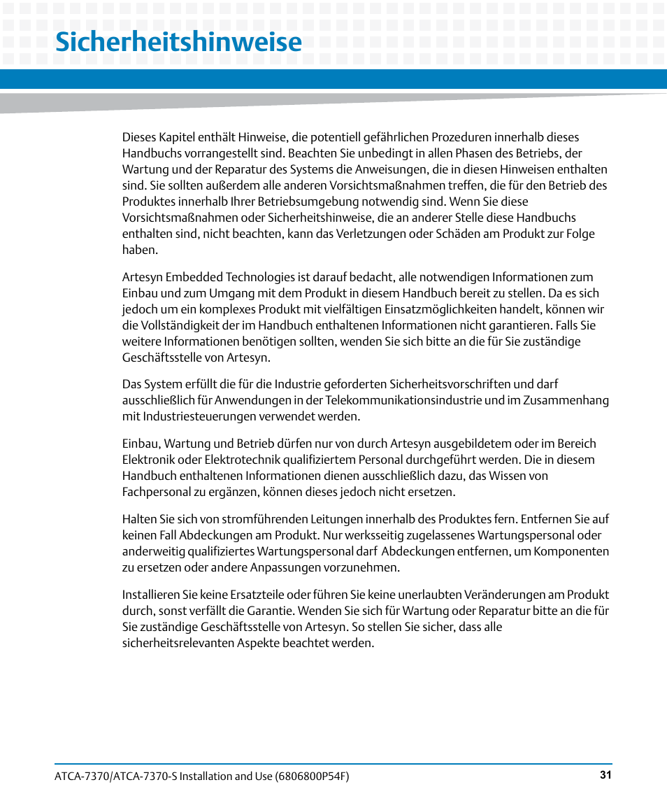 Sicherheitshinweise | Artesyn ATCA 7370 / ATCA 7370-S Installation and Use (June 2014) User Manual | Page 31 / 254
