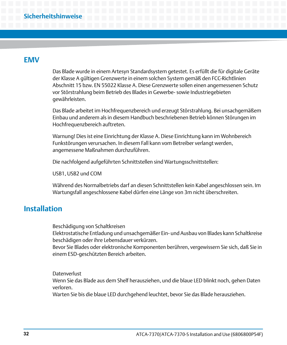 Installation | Artesyn ATCA 7370 / ATCA 7370-S Installation and Use (June 2014) User Manual | Page 32 / 254