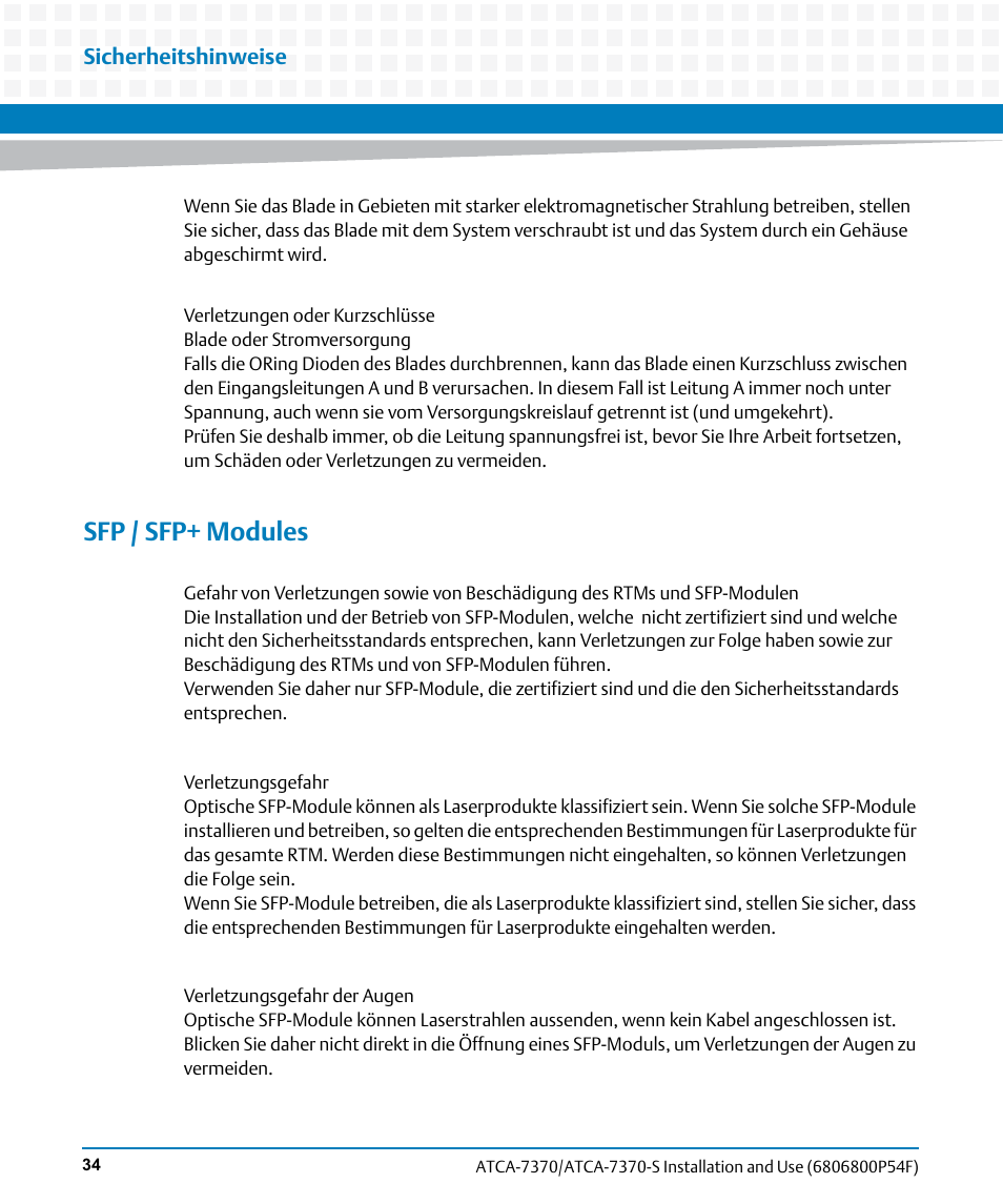 Sfp / sfp+ modules, Sicherheitshinweise | Artesyn ATCA 7370 / ATCA 7370-S Installation and Use (June 2014) User Manual | Page 34 / 254