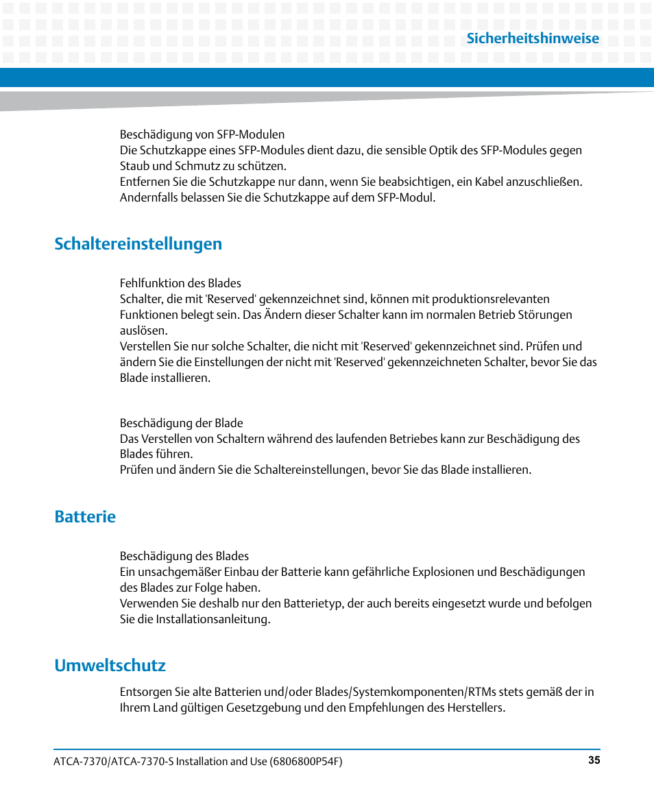 Schaltereinstellungen, Batterie, Umweltschutz | Artesyn ATCA 7370 / ATCA 7370-S Installation and Use (June 2014) User Manual | Page 35 / 254