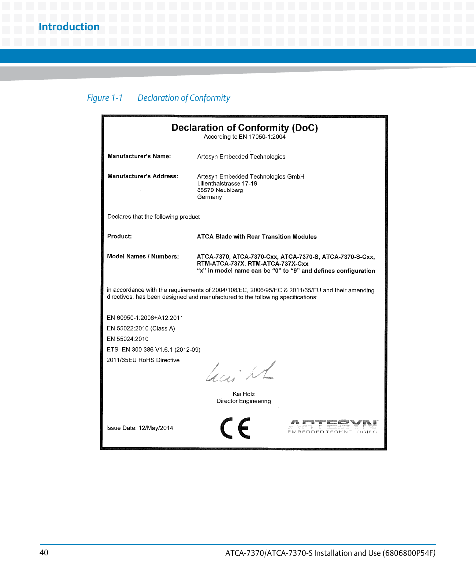 Figure 1-1, Declaration of conformity, Introduction | Artesyn ATCA 7370 / ATCA 7370-S Installation and Use (June 2014) User Manual | Page 40 / 254