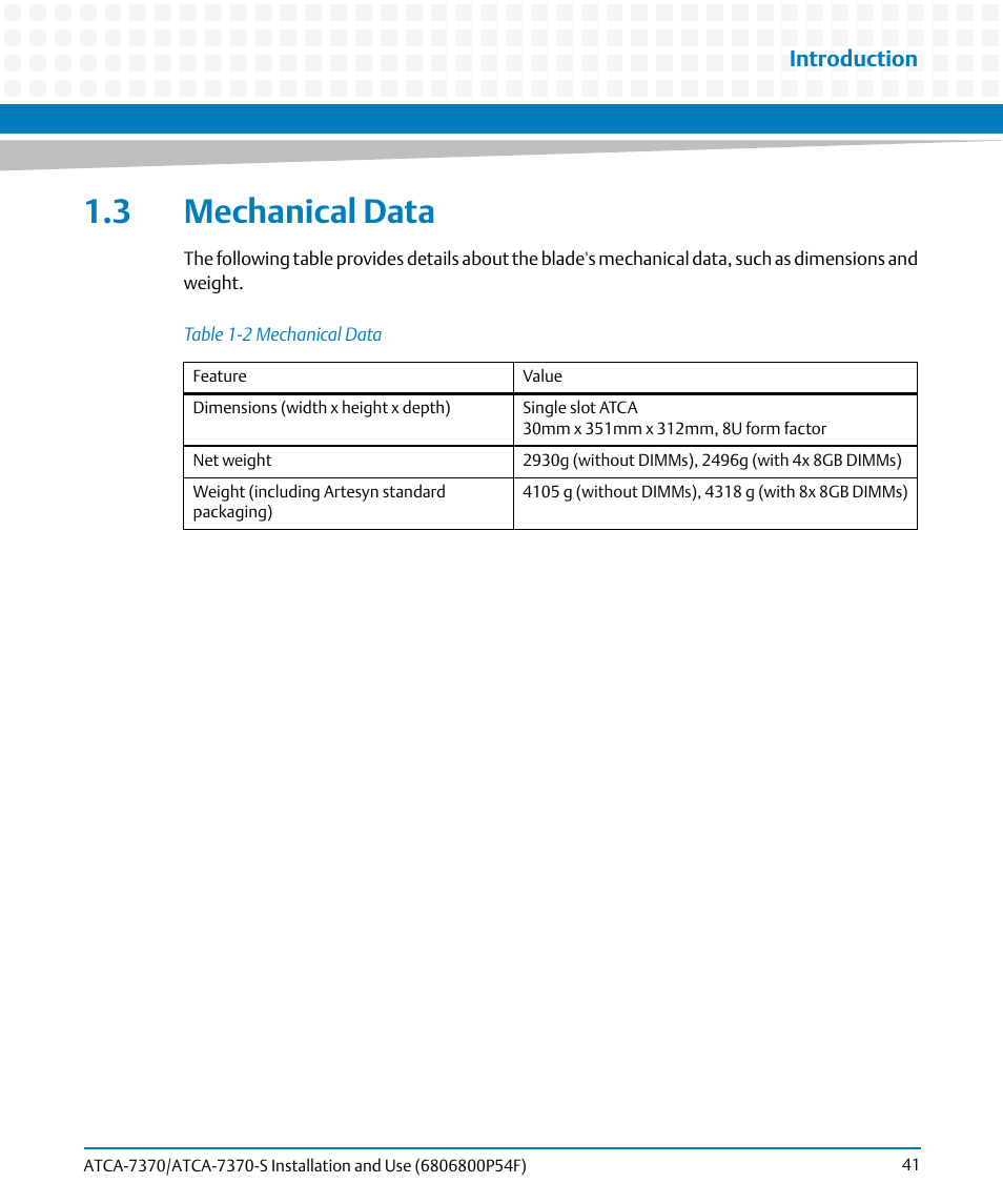 3 mechanical data, Table 1-2, Mechanical data | Artesyn ATCA 7370 / ATCA 7370-S Installation and Use (June 2014) User Manual | Page 41 / 254