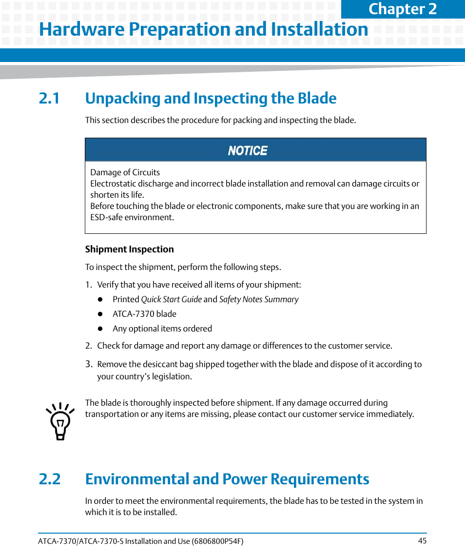 Hardware preparation and installation, 1 unpacking and inspecting the blade, 2 environmental and power requirements | Chapter, Chapter 2, hardware preparation and, Chapter 2 | Artesyn ATCA 7370 / ATCA 7370-S Installation and Use (June 2014) User Manual | Page 45 / 254