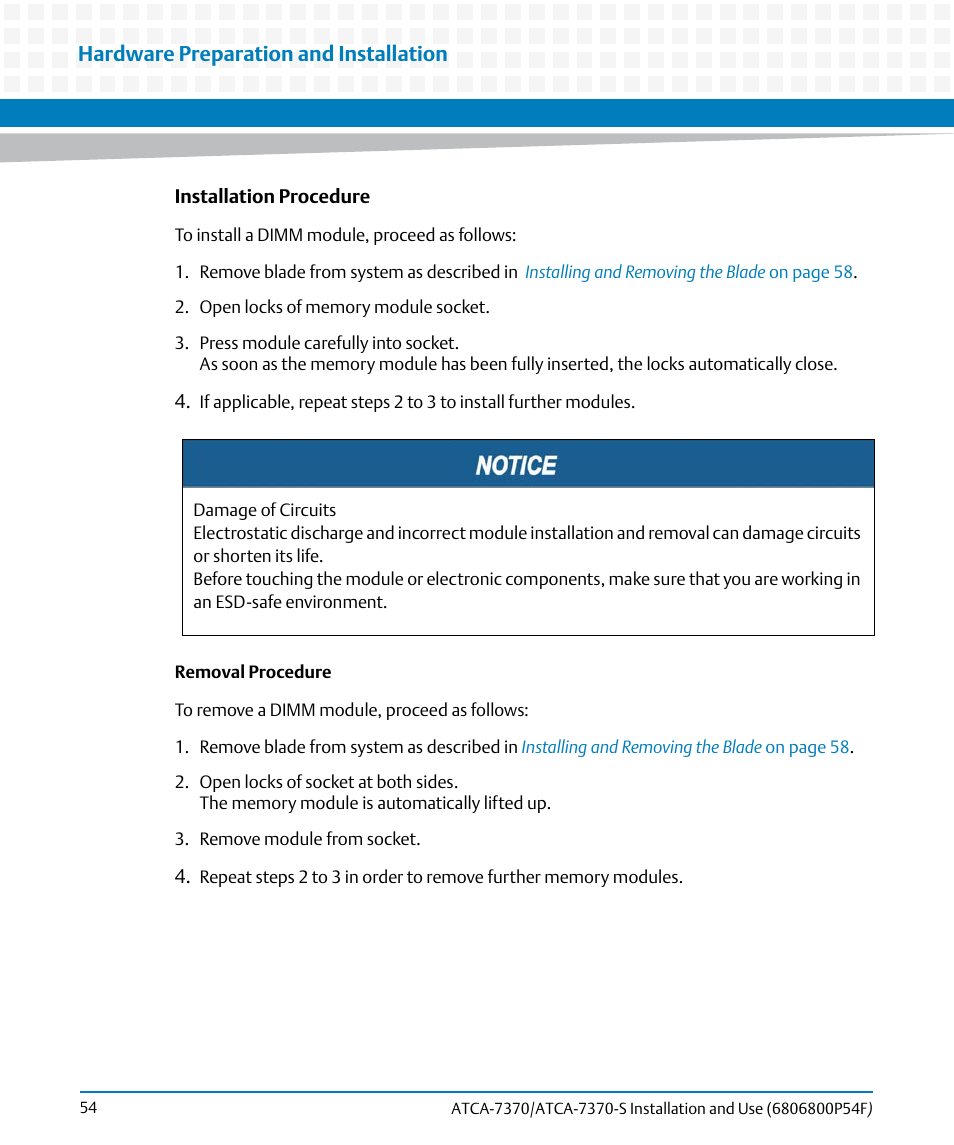 Hardware preparation and installation | Artesyn ATCA 7370 / ATCA 7370-S Installation and Use (June 2014) User Manual | Page 54 / 254