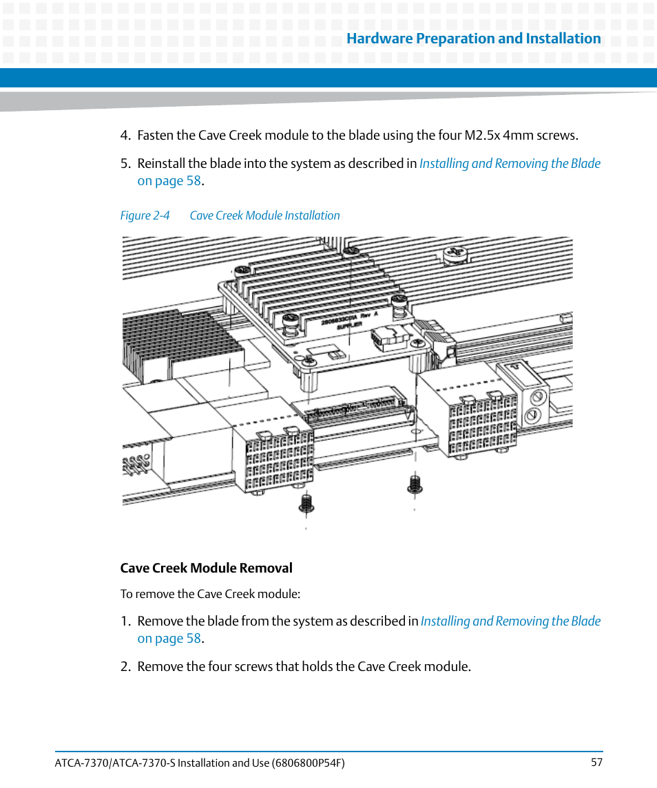 Figure 2-4, Cave creek module installation | Artesyn ATCA 7370 / ATCA 7370-S Installation and Use (June 2014) User Manual | Page 57 / 254