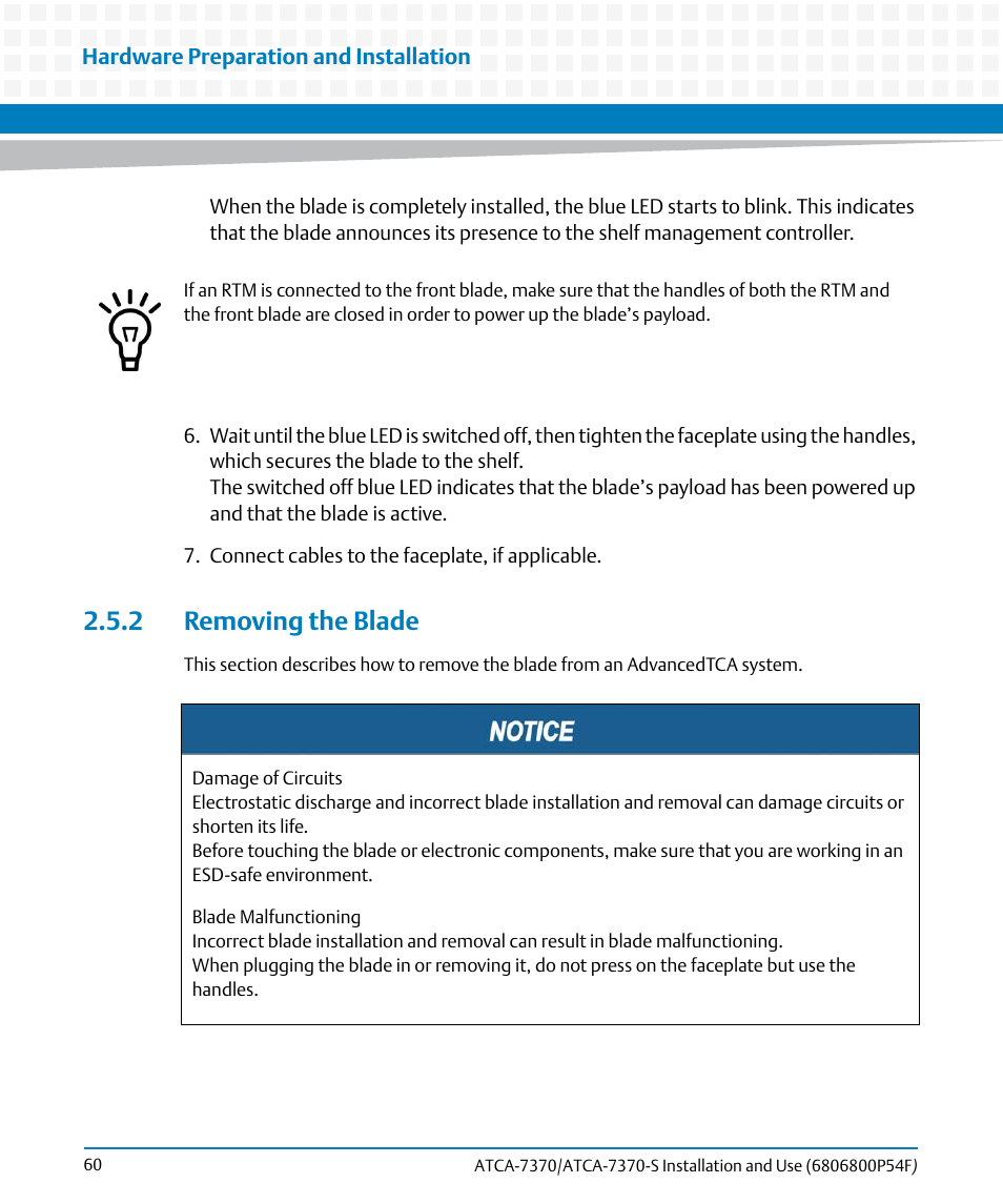 2 removing the blade | Artesyn ATCA 7370 / ATCA 7370-S Installation and Use (June 2014) User Manual | Page 60 / 254