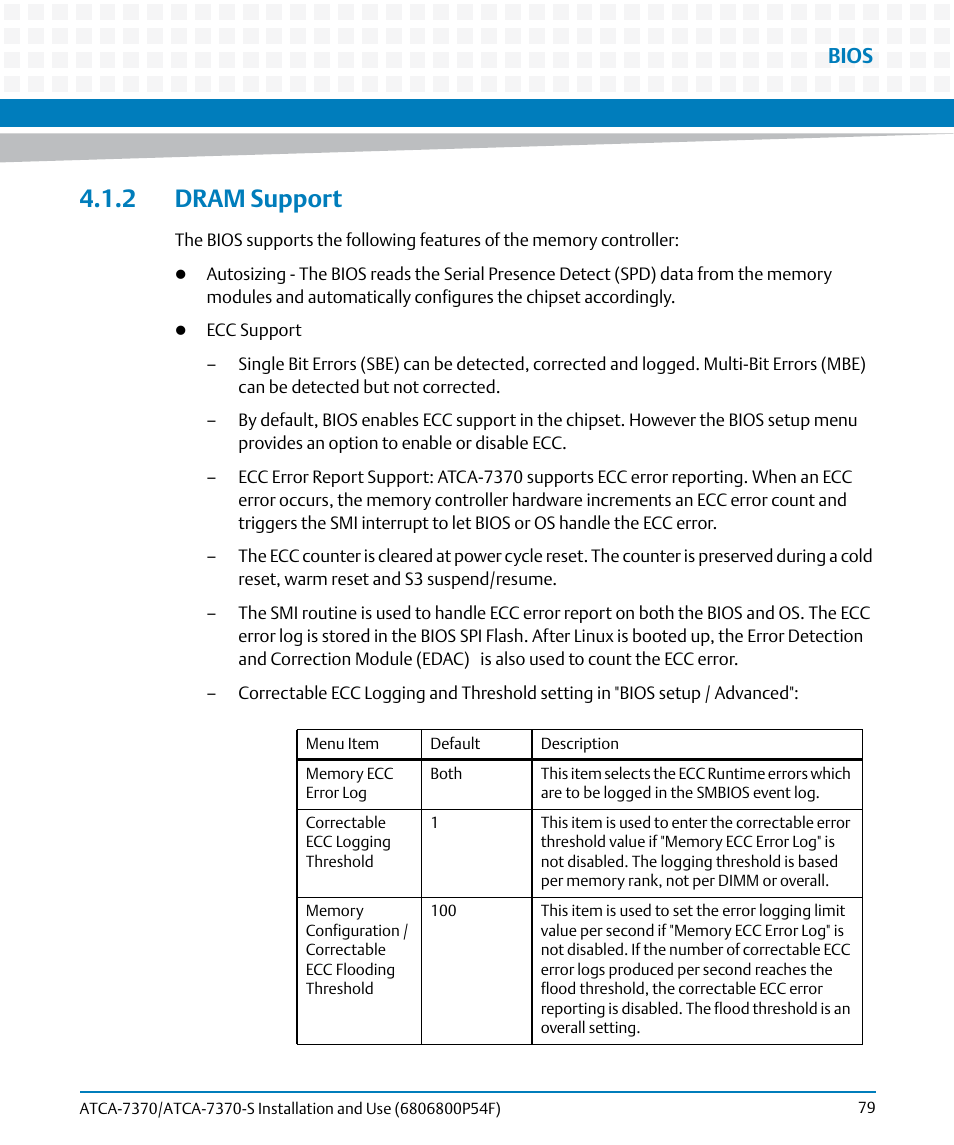2 dram support, Bios | Artesyn ATCA 7370 / ATCA 7370-S Installation and Use (June 2014) User Manual | Page 79 / 254