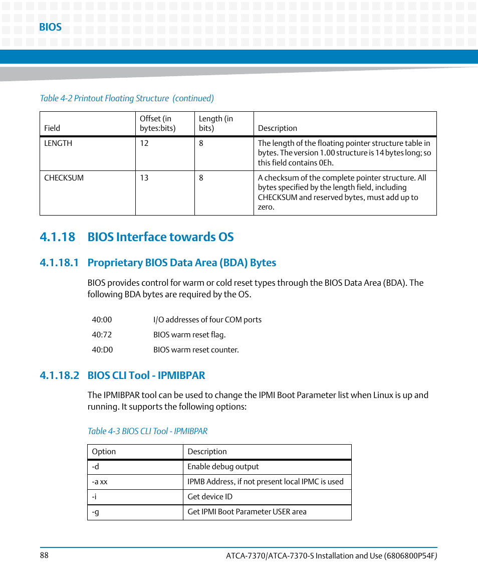 18 bios interface towards os, 1 proprietary bios data area (bda) bytes, 2 bios cli tool - ipmibpar | Table 4-3, Bios cli tool - ipmibpar, Bios | Artesyn ATCA 7370 / ATCA 7370-S Installation and Use (June 2014) User Manual | Page 88 / 254
