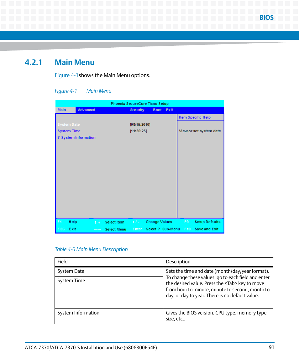 1 main menu, Table 4-6, Main menu description | Figure 4-1, Main menu, Bios | Artesyn ATCA 7370 / ATCA 7370-S Installation and Use (June 2014) User Manual | Page 91 / 254