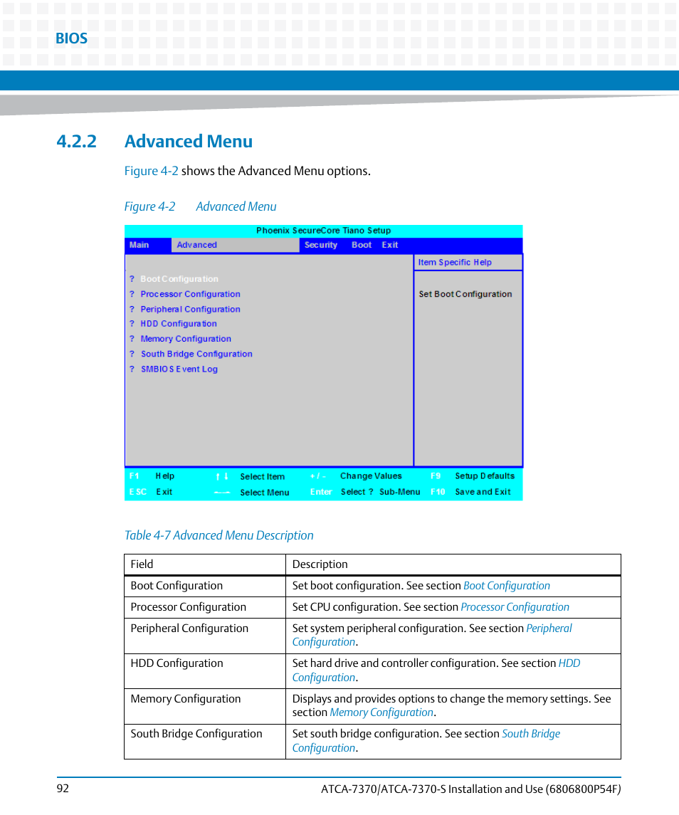 2 advanced menu, Table 4-7, Advanced menu description | Figure 4-2, Advanced menu, Bios | Artesyn ATCA 7370 / ATCA 7370-S Installation and Use (June 2014) User Manual | Page 92 / 254