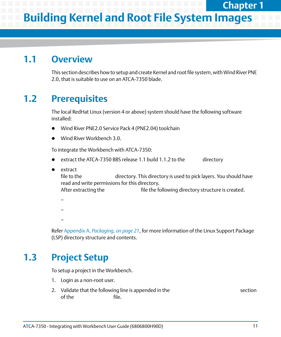 Building kernel and root file system images, 1 overview, 2 prerequisites | 3 project setup, 1 overview 1.2 prerequisites 1.3 project setup, Prerequisites, Project setup, Chapter 1 | Artesyn ATCA-7350 - Integrating with Workbench User Guide (September 2014) User Manual | Page 11 / 34