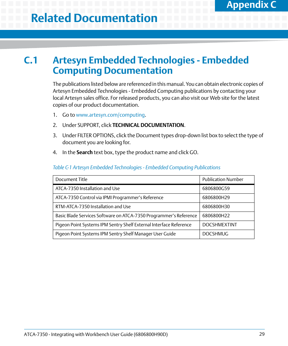 C related documentation, Related documentation, Table c-1 | Appendix c, related documentation, Lists the re, Appendix c | Artesyn ATCA-7350 - Integrating with Workbench User Guide (September 2014) User Manual | Page 29 / 34