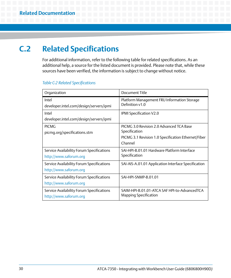 C.2 related specifications, Table c-2, Related specifications | Related documentation | Artesyn ATCA-7350 - Integrating with Workbench User Guide (September 2014) User Manual | Page 30 / 34