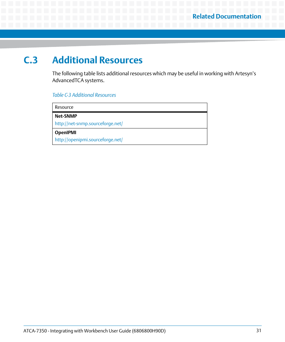 C.3 additional resources, Table c-3, Additional resources | Artesyn ATCA-7350 - Integrating with Workbench User Guide (September 2014) User Manual | Page 31 / 34