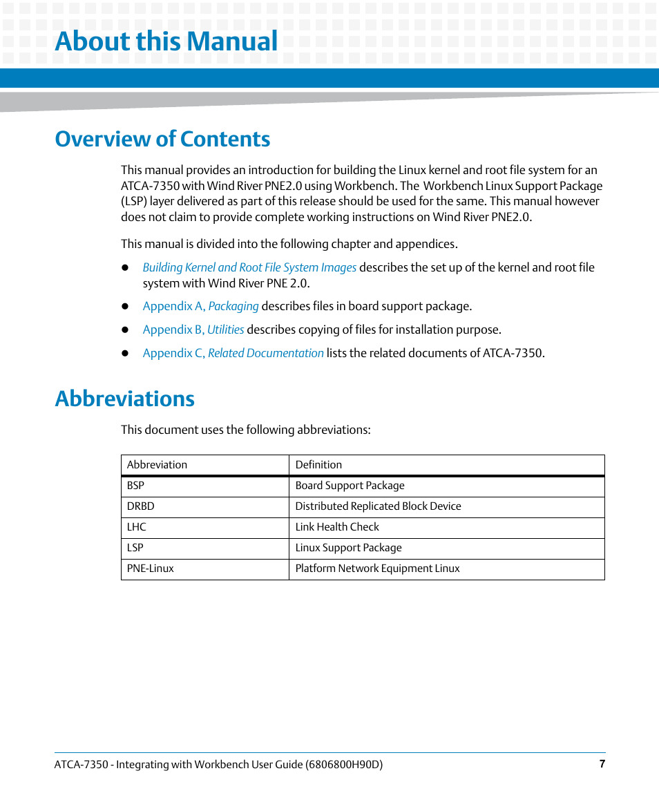 About this manual, Overview of contents, Abbreviations | Artesyn ATCA-7350 - Integrating with Workbench User Guide (September 2014) User Manual | Page 7 / 34