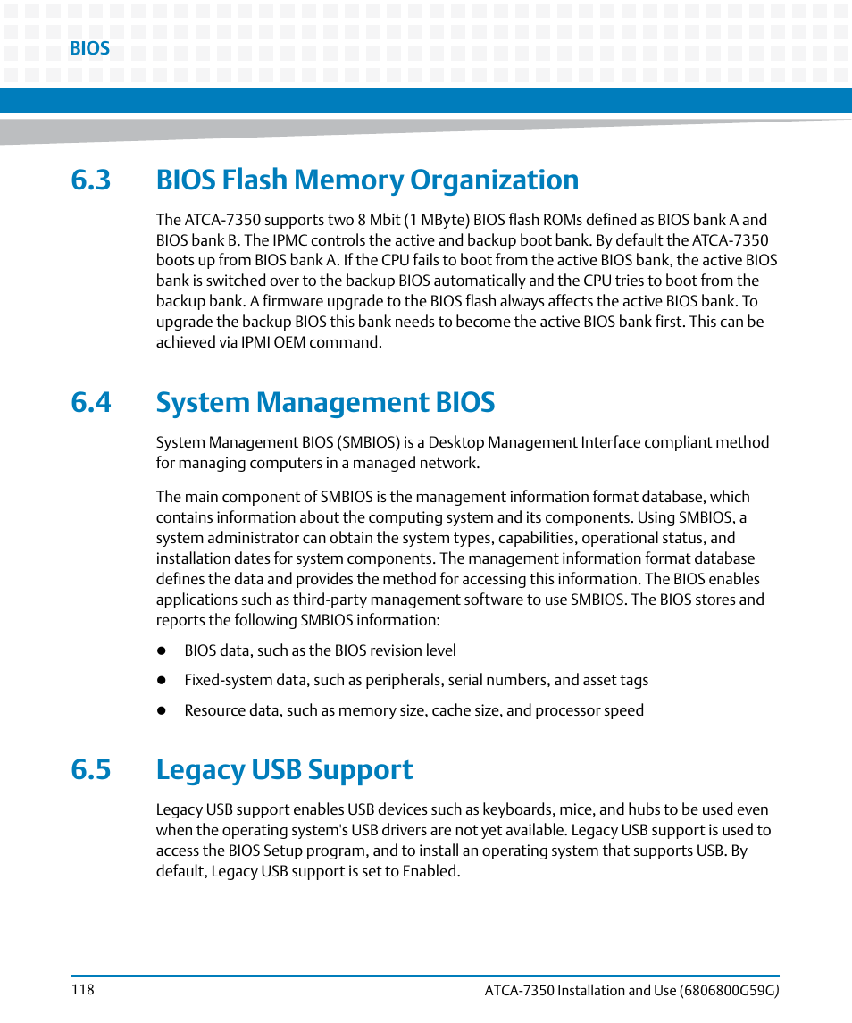 3 bios flash memory organization, 4 system management bios, 5 legacy usb support | Artesyn ATCA-7350 Installation and Use (September 2014) User Manual | Page 118 / 208